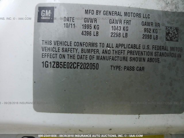 1G1ZB5E02CF202050 - 2012 CHEVROLET MALIBU LS 白色 照片 9