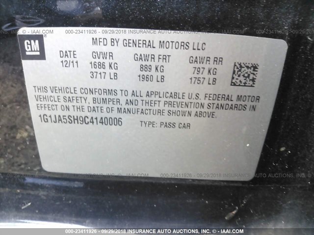 1G1JA5SH9C4140006 - 2012 CHEVROLET SONIC LS BLACK photo 9
