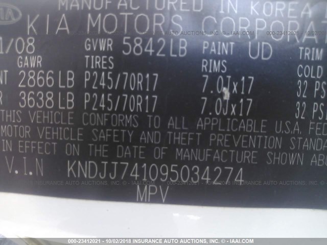 KNDJJ741095034274 - 2009 KIA BORREGO LX/EX WHITE photo 9