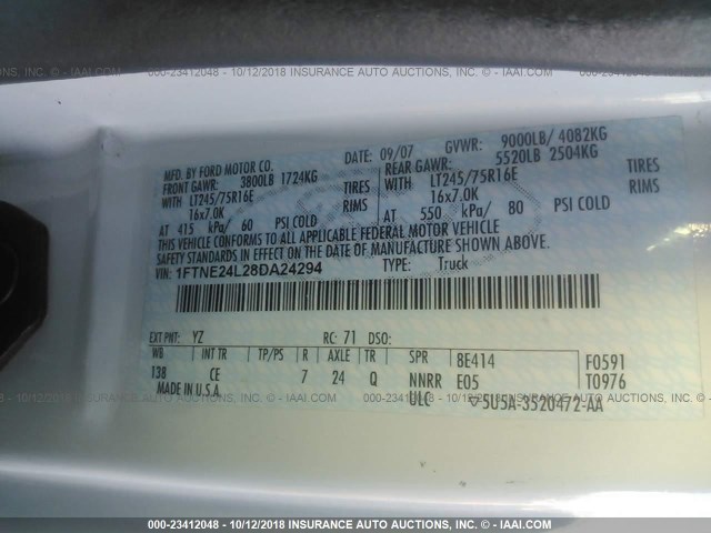 1FTNE24L28DA24294 - 2008 FORD ECONOLINE E250 VAN WHITE photo 9