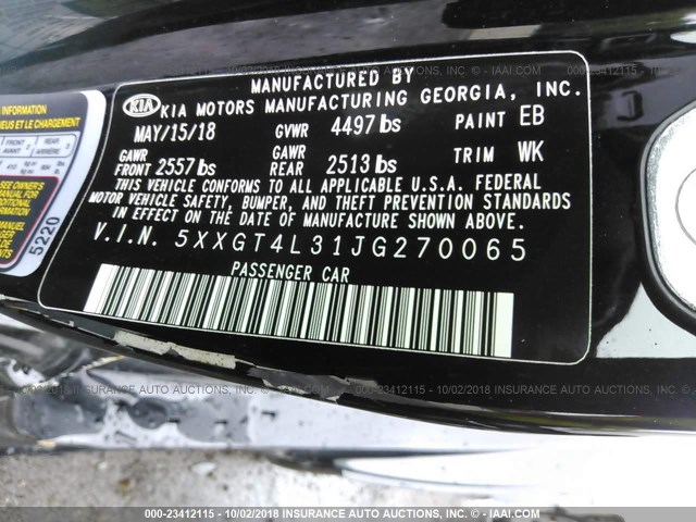 5XXGT4L31JG270065 - 2018 KIA OPTIMA LX/S BLACK photo 9