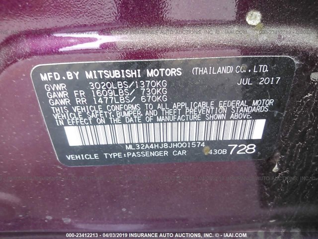 ML32A4HJ8JH001574 - 2018 MITSUBISHI MIRAGE SE BURGUNDY photo 9