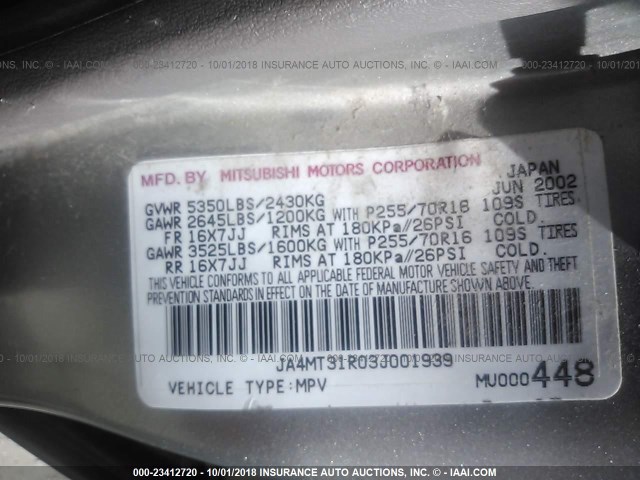 JA4MT31R03J001939 - 2003 MITSUBISHI MONTERO SPORT XLS SILVER photo 9