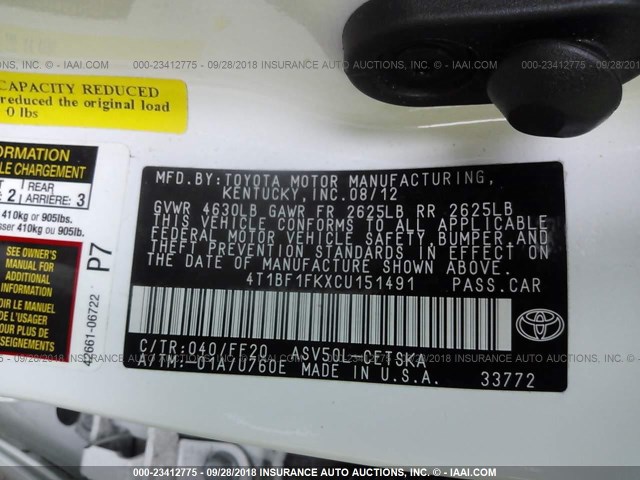 4T1BF1FKXCU151491 - 2012 TOYOTA CAMRY SE/LE/XLE WHITE photo 9