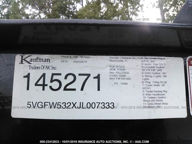 5VGFW532XJL007333 - 2018 KAUFMAN CAR HAULER Unknown photo 9