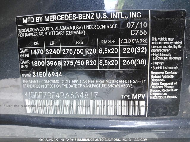 4JGBF7BE4BA634817 - 2011 MERCEDES-BENZ GL 450 4MATIC GRAY photo 9