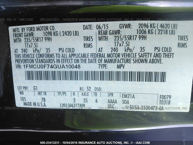 1FMCU0F74GUA10048 - 2016 FORD ESCAPE S BLACK photo 9