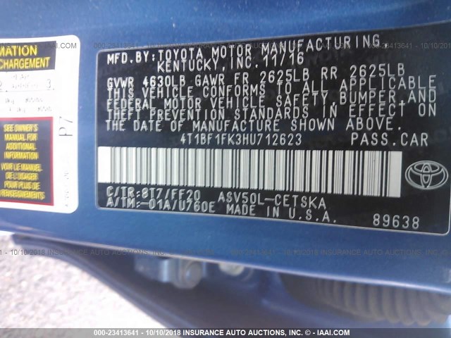 4T1BF1FK3HU712623 - 2017 TOYOTA CAMRY LE/XLE/SE/XSE BLUE photo 9