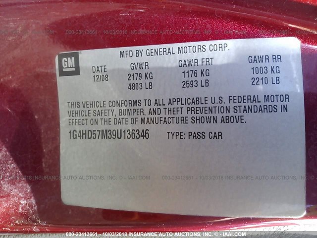 1G4HD57M39U136346 - 2009 BUICK LUCERNE CXL RED photo 9