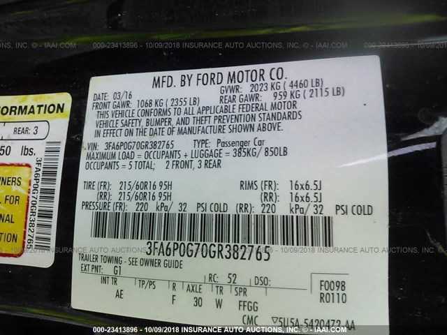 3FA6P0G70GR382765 - 2016 FORD FUSION S BLACK photo 9