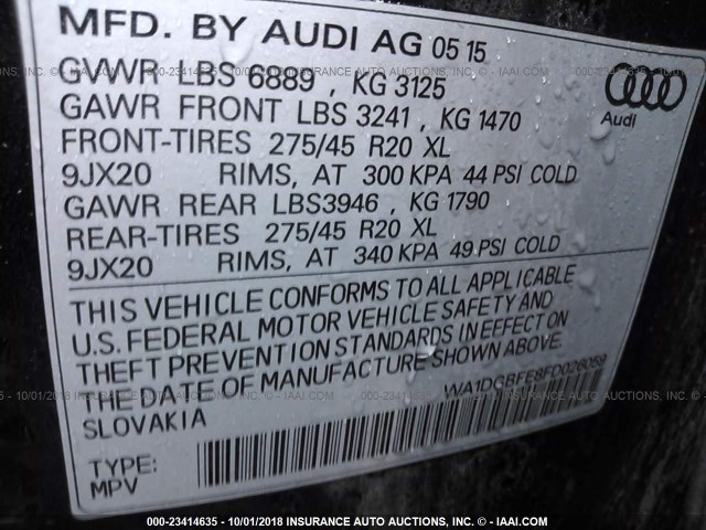 WA1DGBFE8FD026059 - 2015 AUDI Q7 PRESTIGE BLACK photo 9