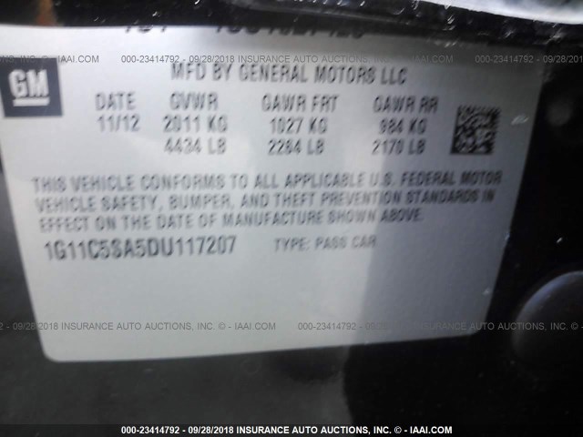 1G11C5SA5DU117207 - 2013 CHEVROLET MALIBU 1LT შავი ფოტო 9