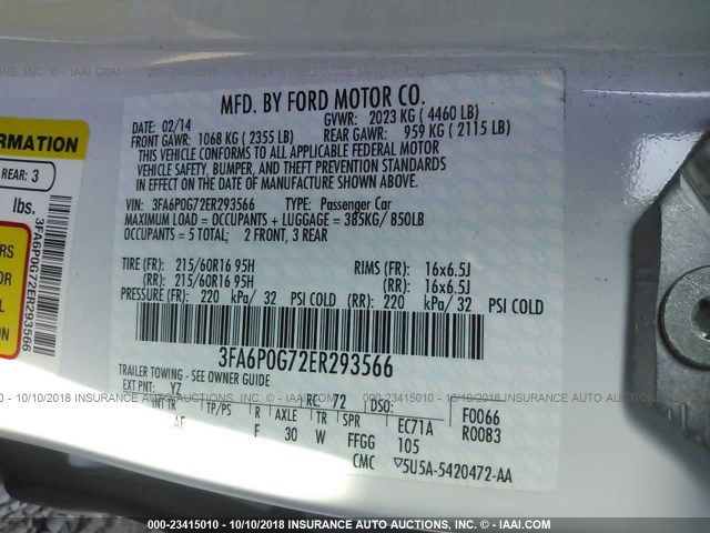 3FA6P0G72ER293566 - 2014 FORD FUSION S WHITE photo 9