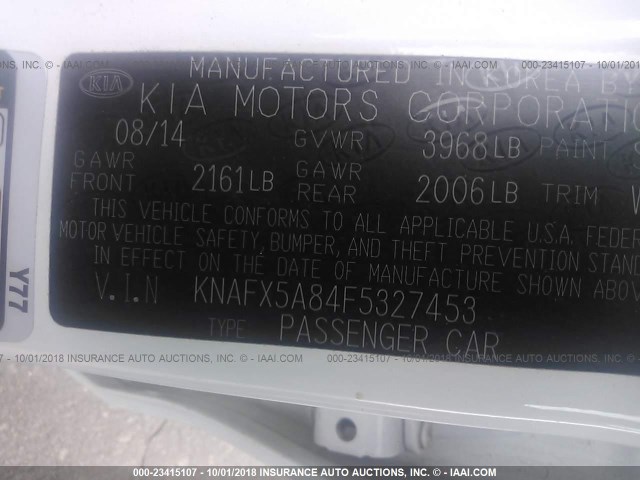 KNAFX5A84F5327453 - 2015 KIA FORTE EX WHITE photo 9