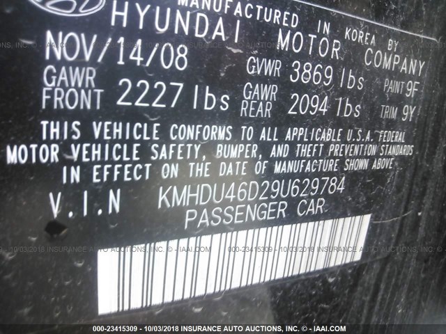 KMHDU46D29U629784 - 2009 HYUNDAI ELANTRA GLS/SE BLACK photo 9