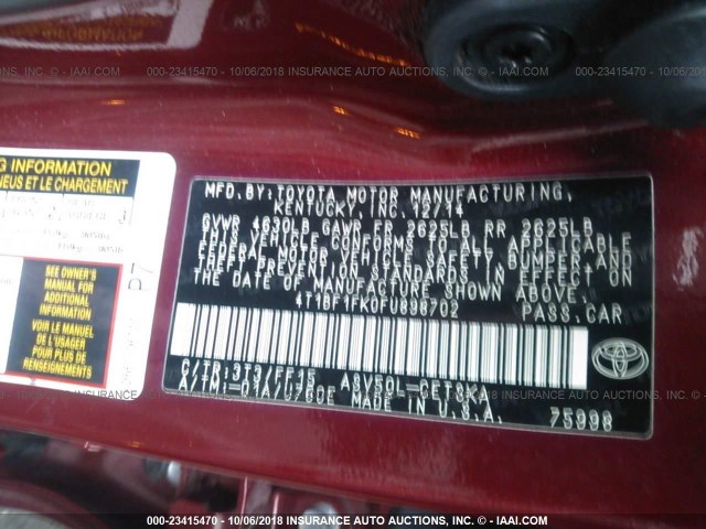 4T1BF1FK0FU898702 - 2015 TOYOTA CAMRY LE/XLE/SE/XSE RED photo 9