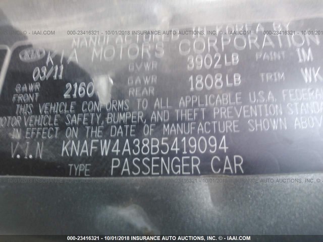 KNAFW4A38B5419094 - 2011 KIA FORTE SX GRAY photo 9