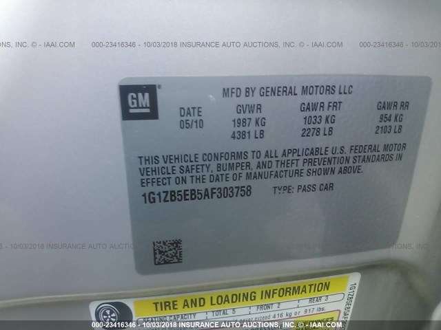 1G1ZB5EB5AF303758 - 2010 CHEVROLET MALIBU LS Qızıl foto 9