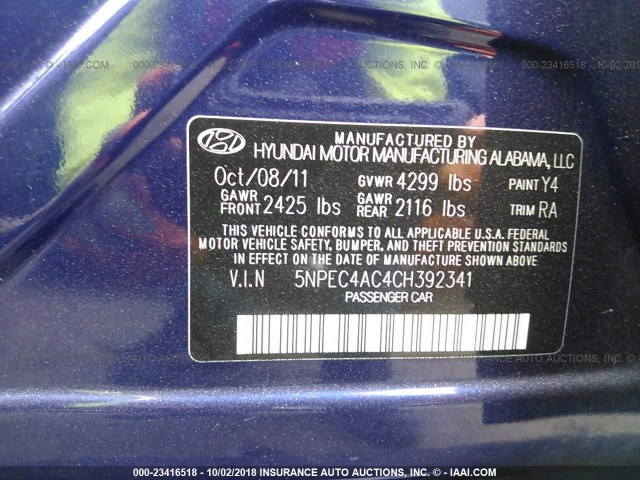 5NPEC4AC4CH392341 - 2012 HYUNDAI SONATA SE/LIMITED BLUE photo 9