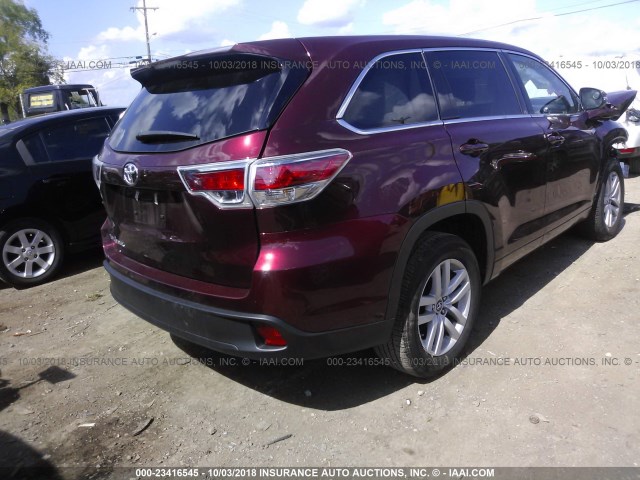 5TDZARFH8GS021711 - 2016 TOYOTA HIGHLANDER LE BURGUNDY photo 4