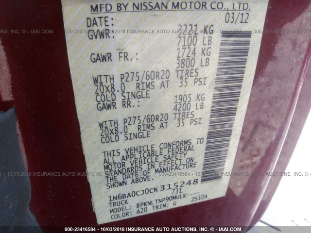 1N6BA0CJ0CN315248 - 2012 NISSAN TITAN RED photo 9