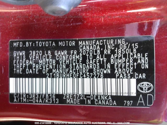 2T1BURHE0FC457276 - 2015 TOYOTA COROLLA L/LE/LE PLS/PRM/S/S PLS RED photo 9