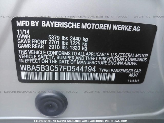WBA5B3C57FD544194 - 2015 BMW 535 XI SILVER photo 9