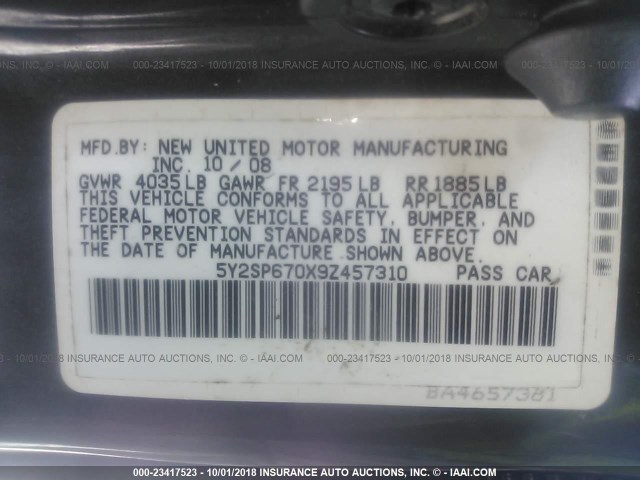 5Y2SP670X9Z457310 - 2009 PONTIAC VIBE GRAY photo 9