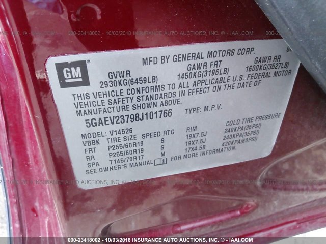 5GAEV23798J101766 - 2008 BUICK ENCLAVE CXL RED photo 9