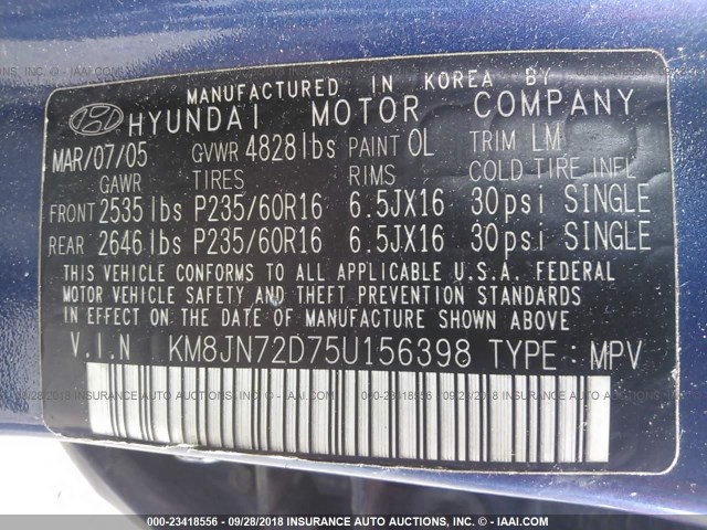 KM8JN72D75U156398 - 2005 HYUNDAI TUCSON GLS/LX BLUE photo 9