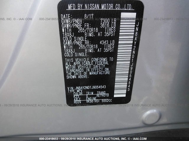 JN8AY2ND1J9054543 - 2018 NISSAN ARMADA SV/SL/PLATINUM SILVER photo 9