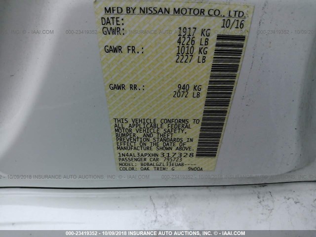 1N4AL3APXHN317328 - 2017 NISSAN ALTIMA 2.5/S/SV/SL/SR WHITE photo 9