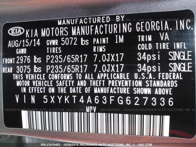 5XYKT4A63FG627336 - 2015 KIA SORENTO LX GRAY photo 9