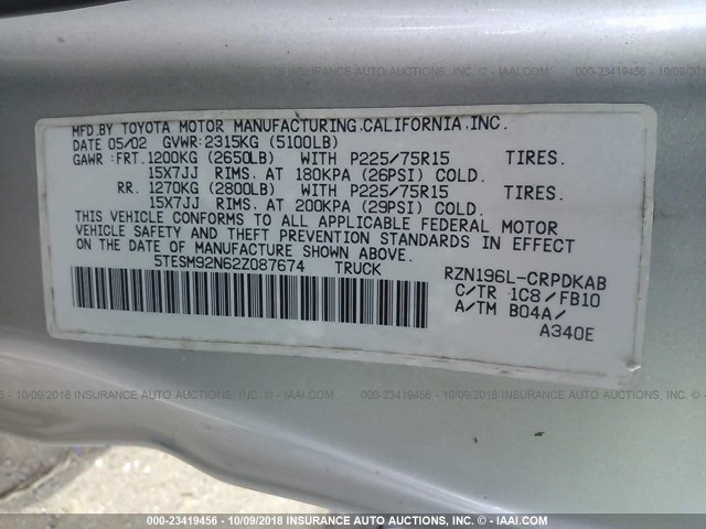 5TESM92N62Z087674 - 2002 TOYOTA TACOMA XTRACAB PRERUNNER SILVER photo 9