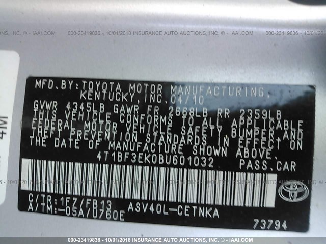 4T1BF3EK0BU601032 - 2011 TOYOTA CAMRY SE/LE/XLE GRAY photo 9