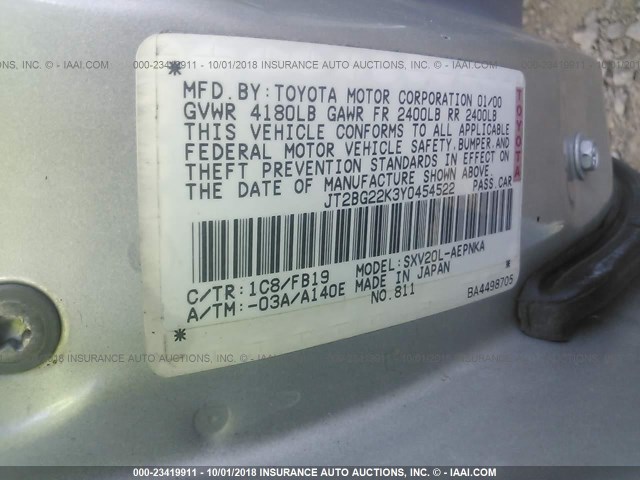 JT2BG22K3Y0454522 - 2000 TOYOTA CAMRY CE/LE/XLE SILVER photo 9