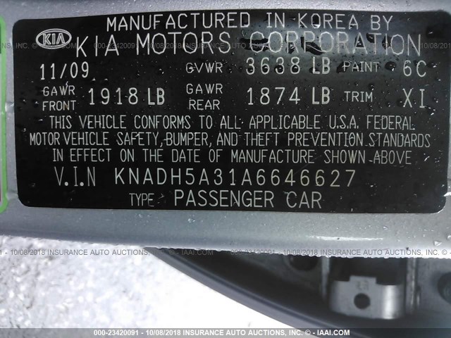 KNADH5A31A6646627 - 2010 KIA RIO LX/SX SILVER photo 9