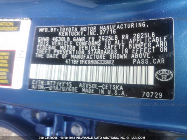 4T1BF1FK8HU633982 - 2017 TOYOTA CAMRY LE/XLE/SE/XSE BLUE photo 9