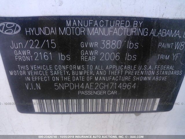 5NPDH4AE2GH714964 - 2016 HYUNDAI ELANTRA SE/SPORT/LIMITED WHITE photo 9