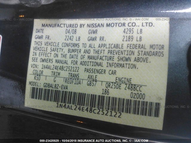 1N4AL24E48C252122 - 2008 NISSAN ALTIMA 2.5S GRAY photo 9