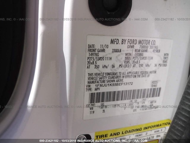 1FMJU1K55BEF13172 - 2011 FORD EXPEDITION LIMITED WHITE photo 9