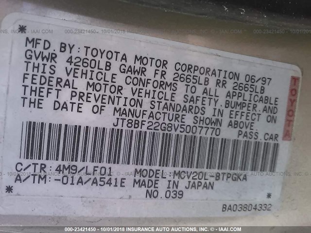 JT8BF22G8V5007770 - 1997 LEXUS ES 300 TAN photo 9