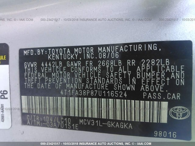 4T1FA38P87U116524 - 2007 TOYOTA CAMRY SOLARA SE/SLE ვერცხლისფერი ფოტო 9