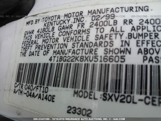 4T1BG22K8XU516605 - 1999 TOYOTA CAMRY CE/LE/XLE WHITE photo 9