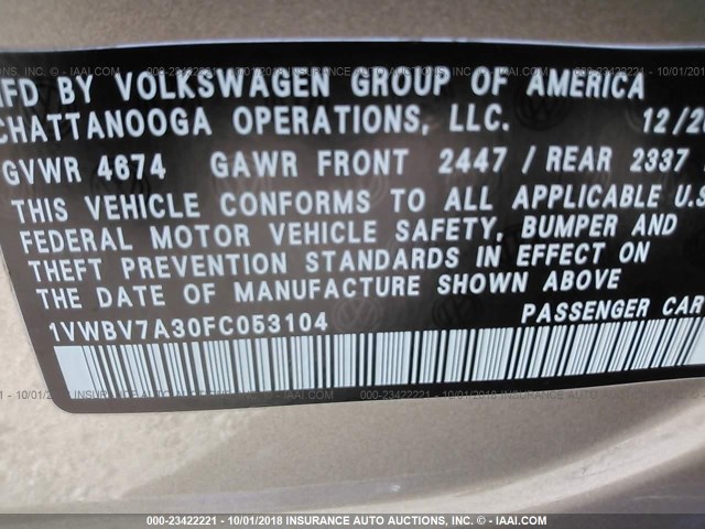 1VWBV7A30FC053104 - 2015 VOLKSWAGEN PASSAT SE GOLD photo 9