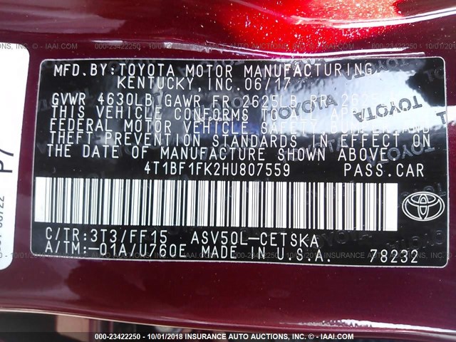 4T1BF1FK2HU807559 - 2017 TOYOTA CAMRY LE/XLE/SE/XSE BURGUNDY photo 9