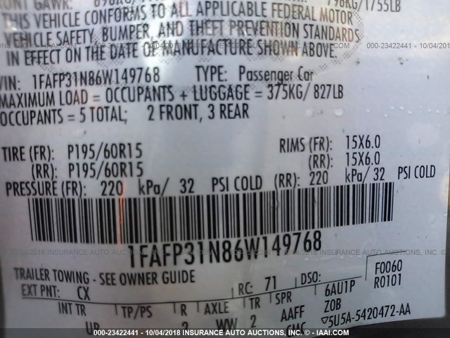 1FAFP31N86W149768 - 2006 FORD FOCUS ZX3 GRAY photo 9