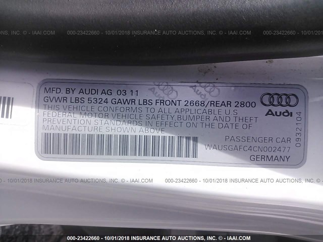 WAUSGAFC4CN002477 - 2012 AUDI A7 PRESTIGE Beyaz fotoğraf 9
