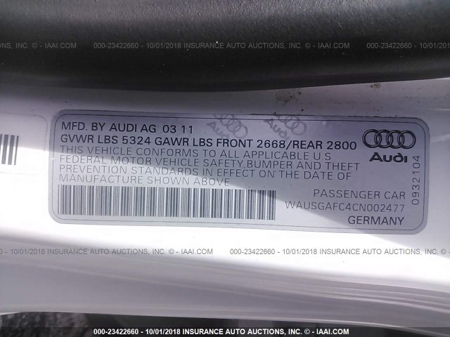 WAUSGAFC4CN002477 - 2012 AUDI A7 PRESTIGE WHITE photo 9