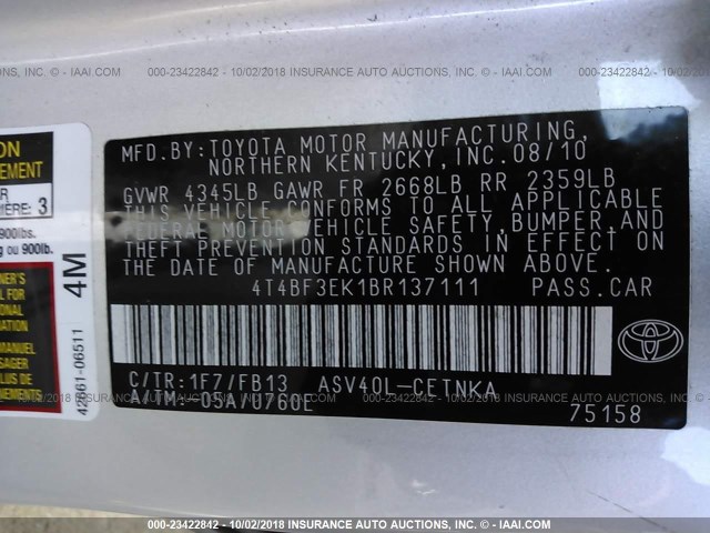 4T4BF3EK1BR137111 - 2011 TOYOTA CAMRY SE/LE/XLE 银色 照片 9